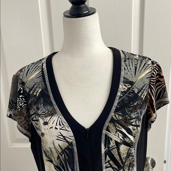 Joseph Ribkoff Top Black/Tan Jungle Print V Neck Cap Sleeve 2 Way Zipper Size 18 - Picture 6 of 12